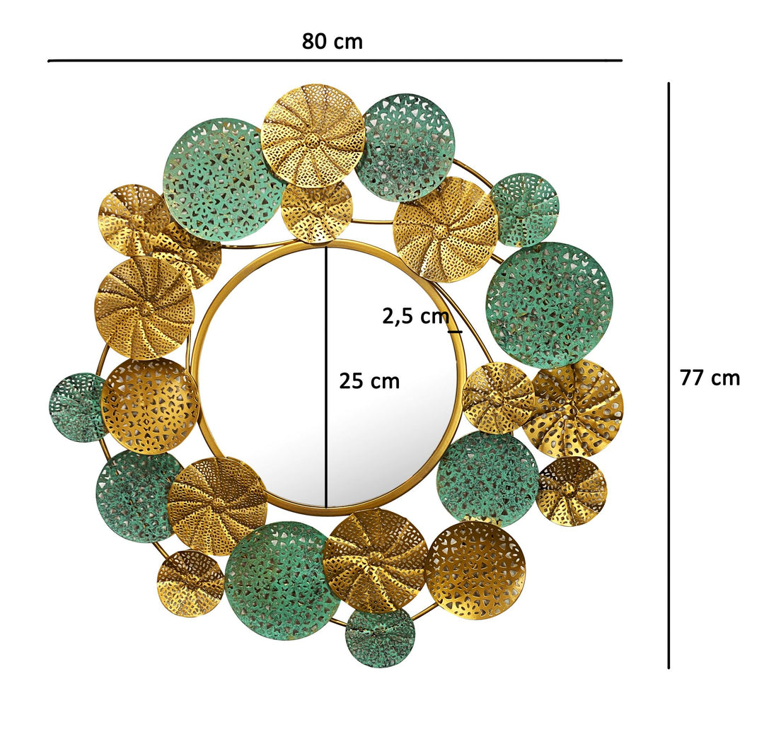 Utraditionelt vægspejl i moderne design , 80x77 cm, ramme guld- og patinafarver