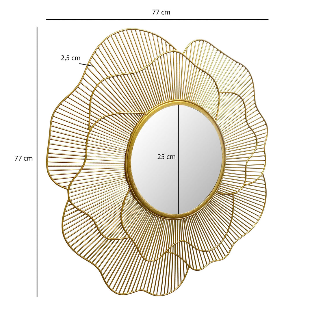 Moderne, rundt vægspejl i 77 cm med en dekorativ guld metalramme formet som en rose