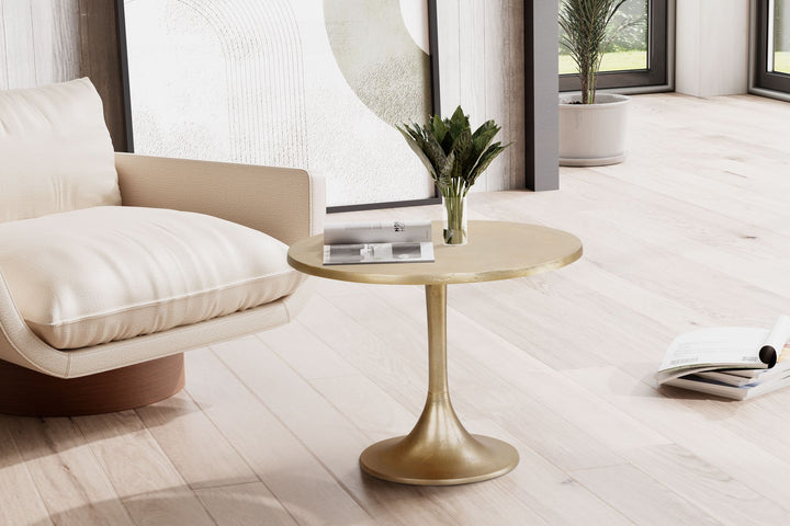 Metal sofabord, guld, 60x60x46,5 cm, sofabord i aluminium, rundt designerbord til stuen, lille moderne sofabord, sidebord, endebord til stuen