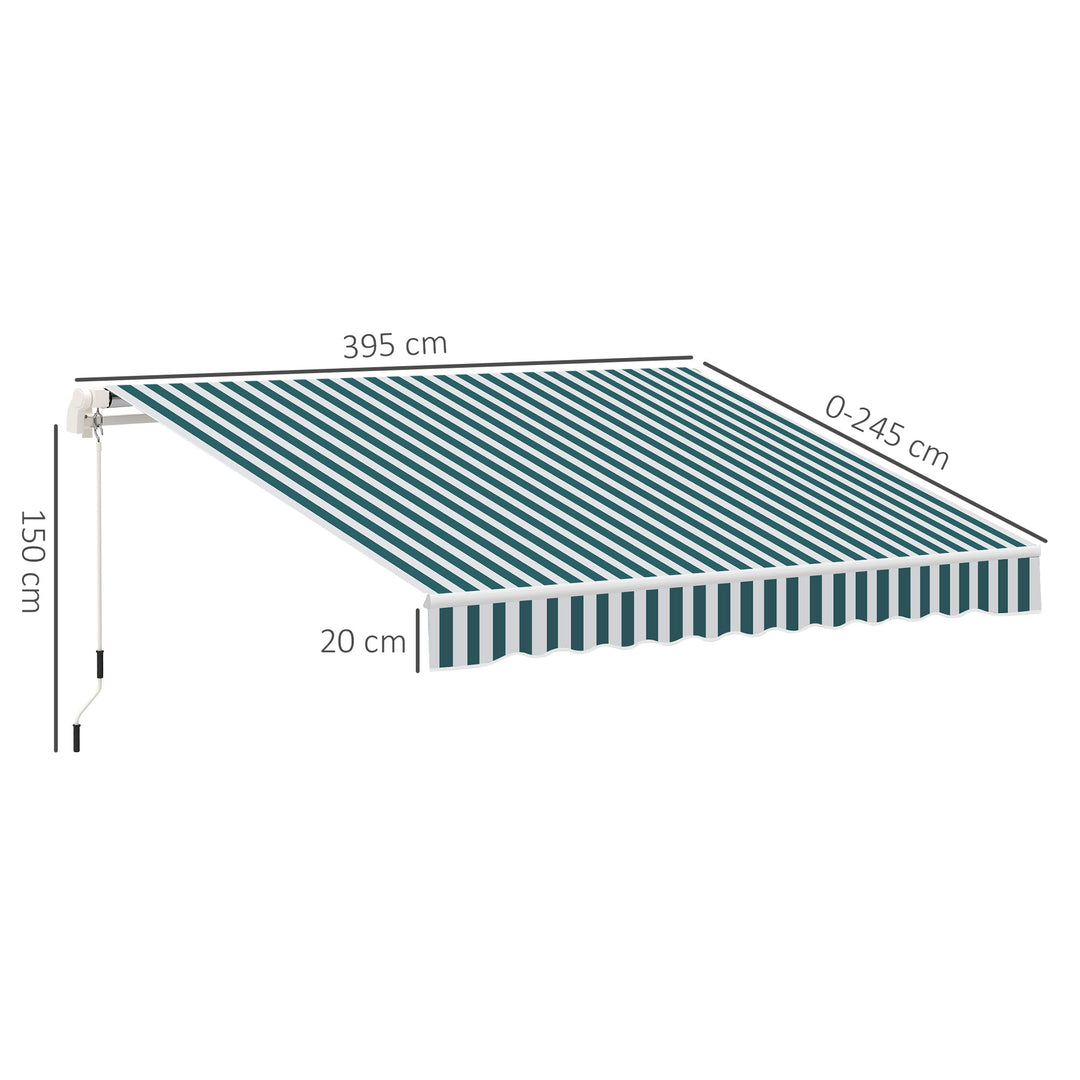 Markise, solsejl, udtrækkelig, med håndsving, metalramme, polyester, hvid+grøn, 3,95 x 2,45 m