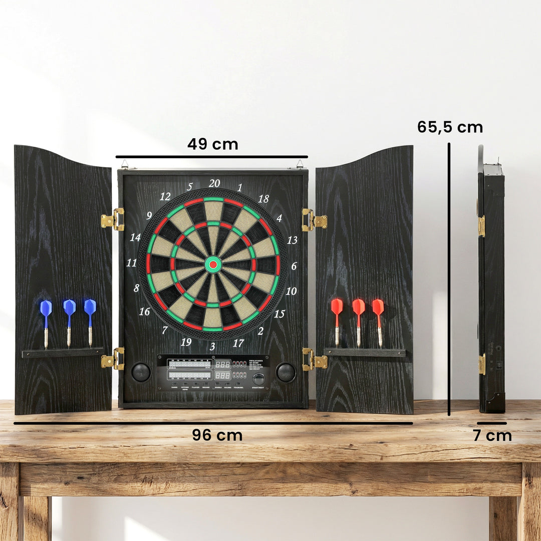 Elektronisk dartskive med døre, trælook, LED-display, stemmemeddelelser, 6 dartpile, 24 udskiftelige spidser