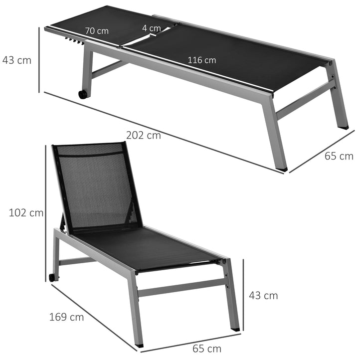 Solseng, havestol, justerbar ryglæn med 5 positioner, aluminium, sort, 202 x 65 x 43 cm