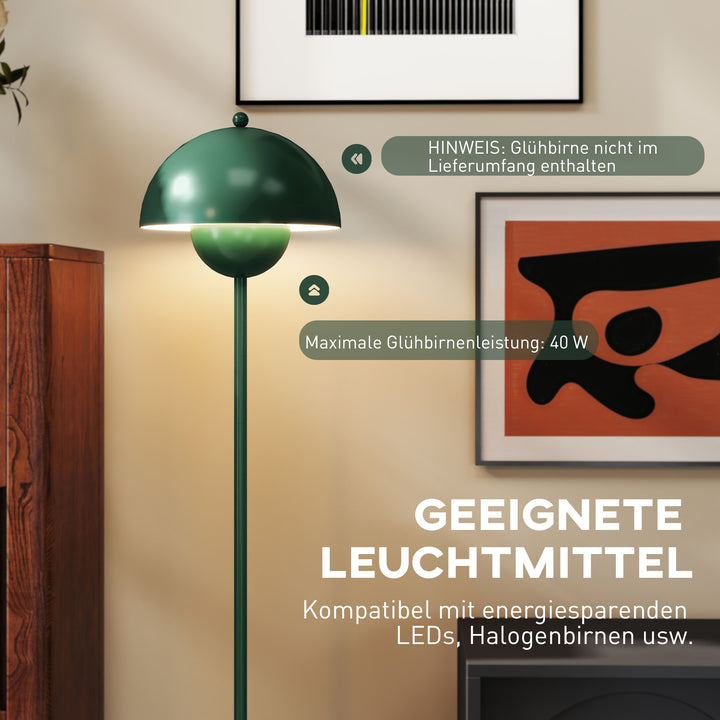 Gulvlampe, rund skærm, fodkontakt, lang kabel, elegant look, stål, grøn