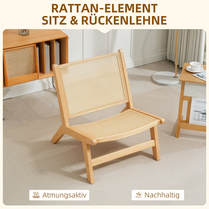 Rattanstol, læsestol, træramme, bredt sæde, 64 x 70 x 74 cm, naturtræ