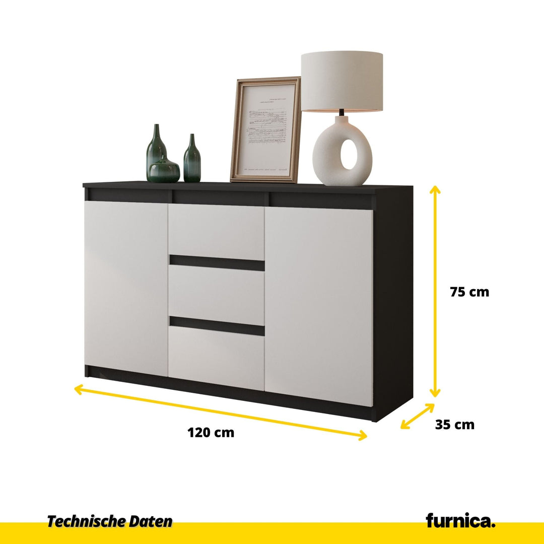 MIKEL - Kommode med 3 skuffer - antracit-grå / mat hvid H75xB120xD35 cm