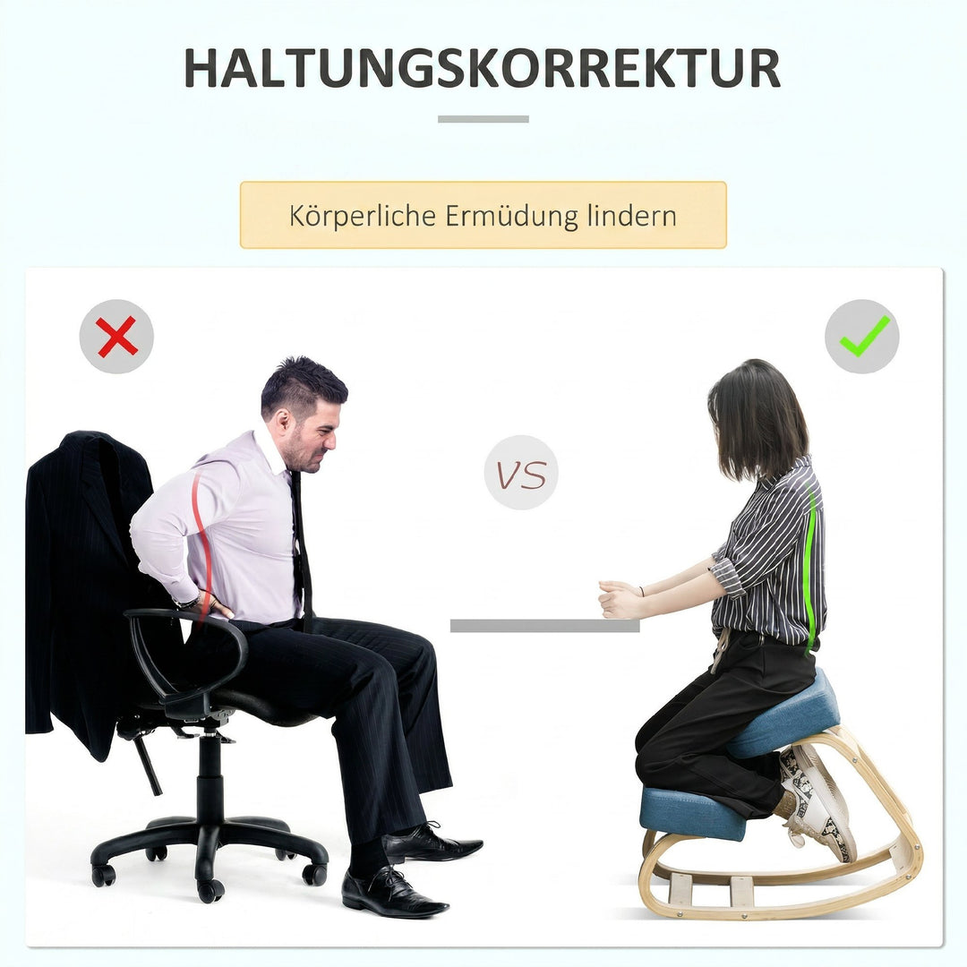 Knælestol, ergonomisk skammel, polstret skammel for en sund kropsholdning, birketræ, 120 kg lasteevne, blå