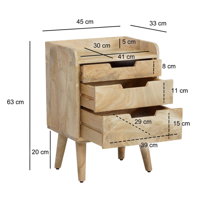 Natbord i massivt mangotræ, lysebrunt, 45x33x63 cm, natbord til boxmadras, designer natbord med 3 skuffer og hylde, natbord med opbevaringsplads