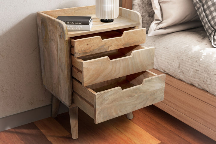 Natbord i massivt mangotræ, lysebrunt, 45x33x63 cm, natbord til boxmadras, designer natbord med 3 skuffer og hylde, natbord med opbevaringsplads