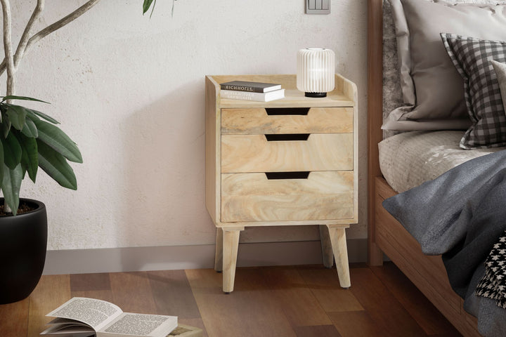 Natbord i massivt mangotræ, lysebrunt, 45x33x63 cm, natbord til boxmadras, designer natbord med 3 skuffer og hylde, natbord med opbevaringsplads