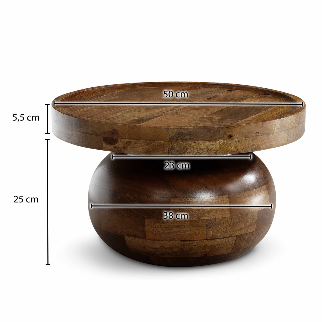 Sofabord 50x50x30,5 cm, massivt mangotræ, valnøddefinish, rundt sofabord, designer stuebord, lavt sofabord til stuen, moderne med naturlig træåring