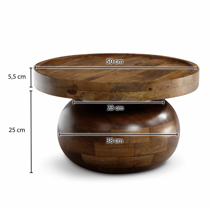Sofabord 50x50x30,5 cm, massivt mangotræ, valnøddefinish, rundt sofabord, designer stuebord, lavt sofabord til stuen, moderne med naturlig træåring