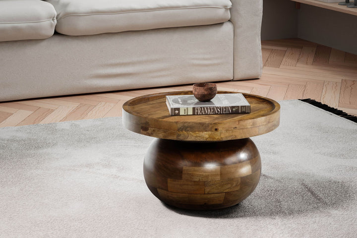 Sofabord 50x50x30,5 cm, massivt mangotræ, valnøddefinish, rundt sofabord, designer stuebord, lavt sofabord til stuen, moderne med naturlig træåring