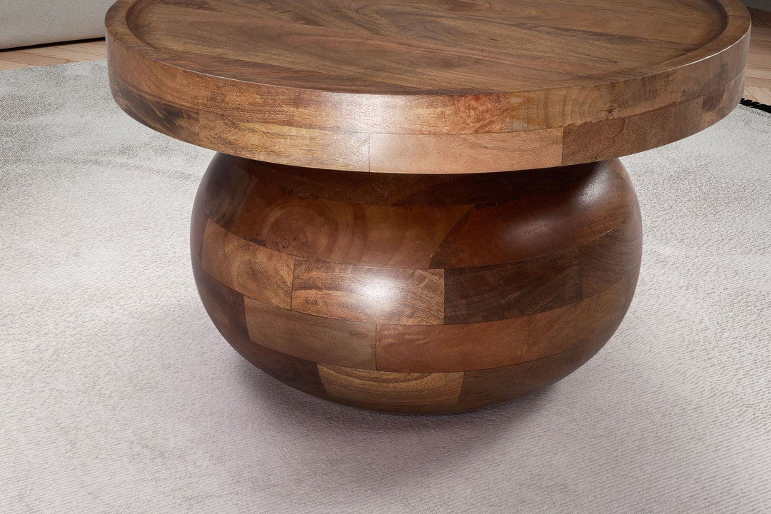 Sofabord 50x50x30,5 cm, massivt mangotræ, valnøddefinish, rundt sofabord, designer stuebord, lavt sofabord til stuen, moderne med naturlig træåring