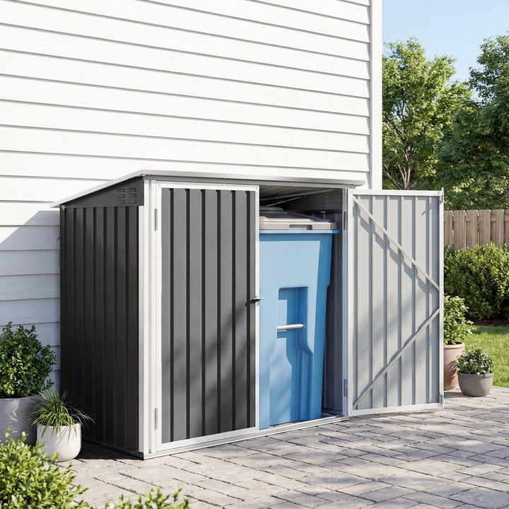 Affaldsopbevaringsenhed til 2 skraldespande fremstillet af galvaniseret stål. Affaldsopbevaringsenhed med hængslet låg, gasfjeder, dobbeltdør, ventilationsåbninger.