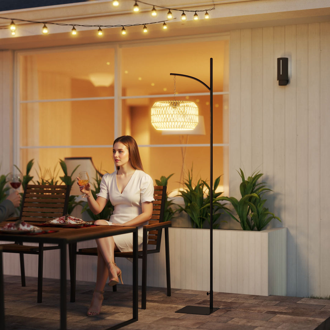 Solcellegulvlampe, rottingstil, solcellelamper med lyssensor, automatisk solcellelys i boho-stil, IP44, sort+gul