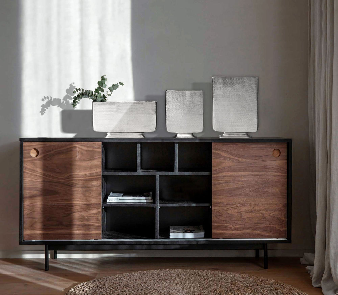 Dekorativ vase sæt med 3, aluminium sølv, moderne blomstervaser, firkantede dekorative vaser, 3-delt sæt til blomster, aluminiums bordvaser, boligindretning, metal borddekoration, håndlavet