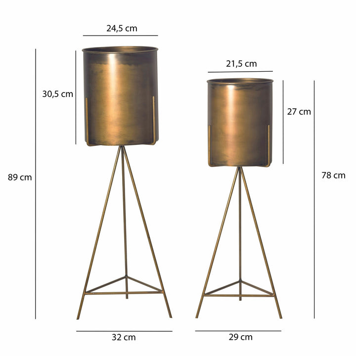 Sæt med 2 metalblomsterpotter, guldfarvede plantekasser med stativ, designerjernplantekasser, runde, høje indendørs blomsterpotter