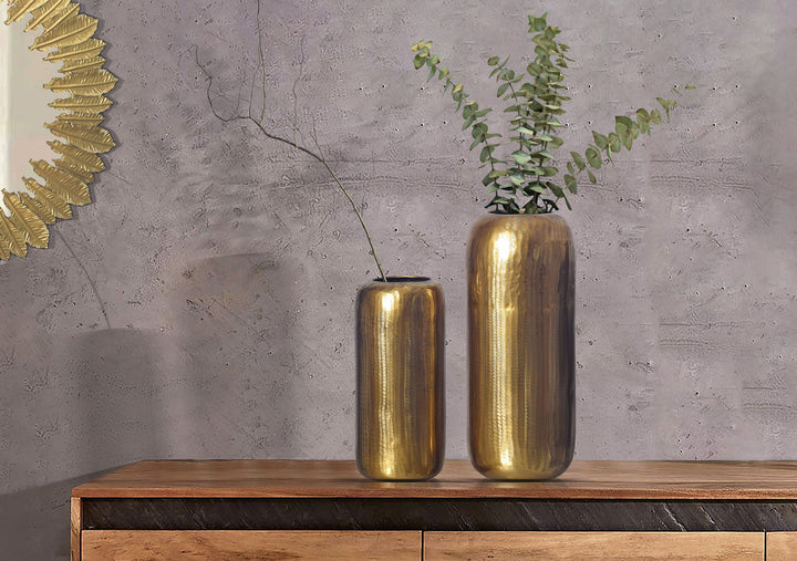 Dekorativ vase sæt med 2, aluminium guld cylinder blomstervaser, moderne, runde dekorative vaser, 2-delt sæt til blomster, aluminium bordvase, boligindretning, metal borddekoration, håndlavet