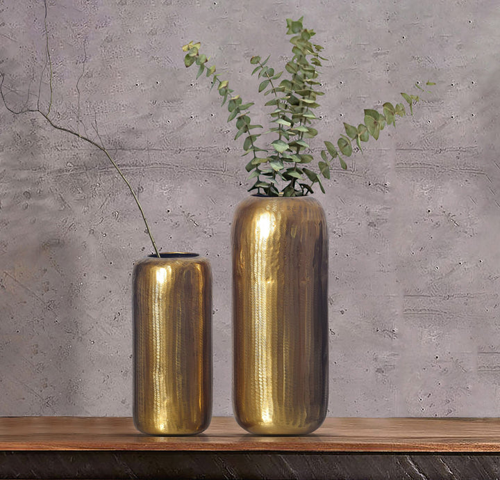 Dekorativ vase sæt med 2, aluminium guld cylinder blomstervaser, moderne, runde dekorative vaser, 2-delt sæt til blomster, aluminium bordvase, boligindretning, metal borddekoration, håndlavet