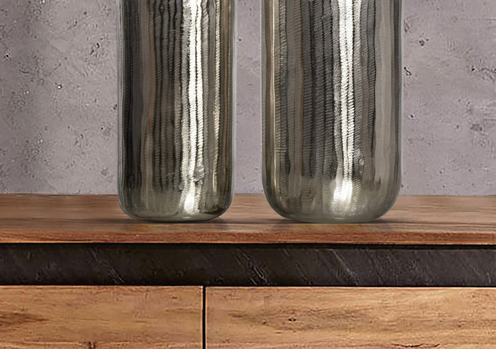 Dekorativ vase sæt med 2, aluminium sølv cylinder blomstervaser, moderne, runde dekorative vaser, 2-delt sæt til blomster, aluminium bordvase, boligindretning, metal borddekoration, håndlavet