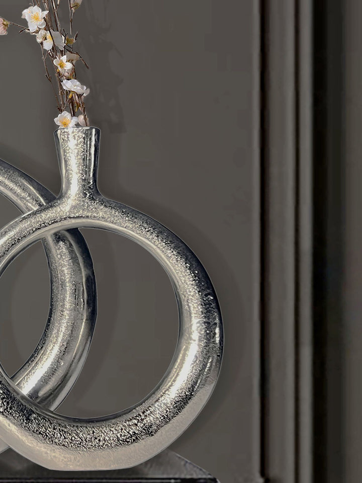 Dekorativ vase sæt med 2, aluminium sølv donut blomstervaser, moderne, runde dekorative vaser, 2-delt sæt til blomster, aluminium bordvase, boligindretning, borddekoration, håndlavet