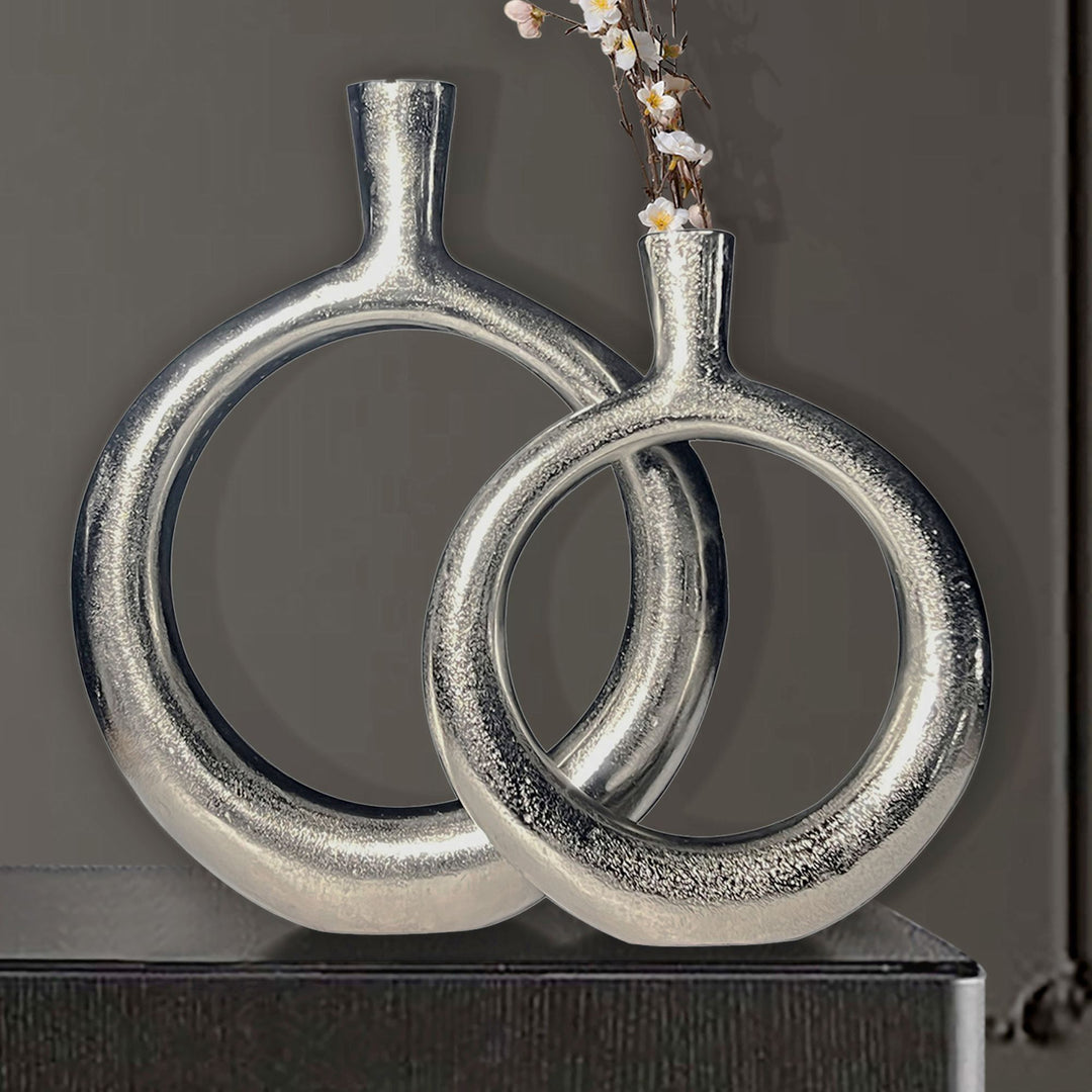 Dekorativ vase sæt med 2, aluminium sølv donut blomstervaser, moderne, runde dekorative vaser, 2-delt sæt til blomster, aluminium bordvase, boligindretning, borddekoration, håndlavet
