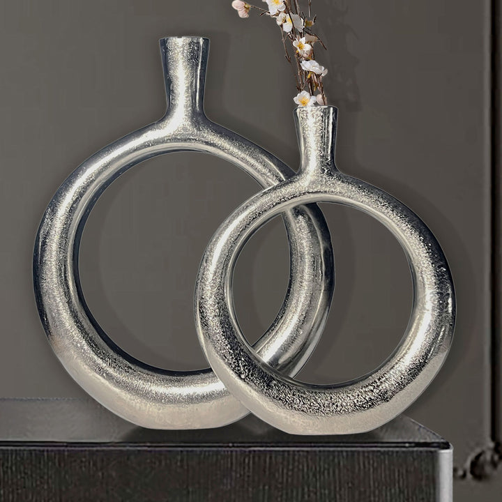Dekorativ vase sæt med 2, aluminium sølv donut blomstervaser, moderne, runde dekorative vaser, 2-delt sæt til blomster, aluminium bordvase, boligindretning, borddekoration, håndlavet