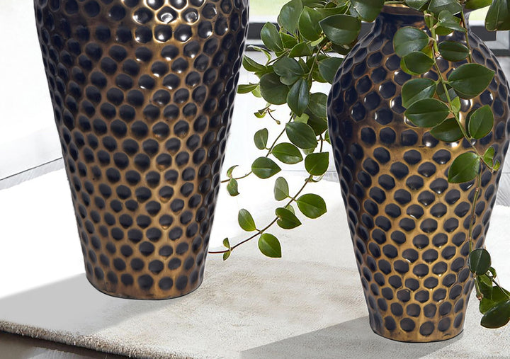 Dekorativ vase sæt med 2, aluminium guld amfora blomstervaser, moderne, runde dekorative vaser, 2-delt sæt til blomster, aluminium bordvase, boligindretning, metal borddekoration, håndlavet