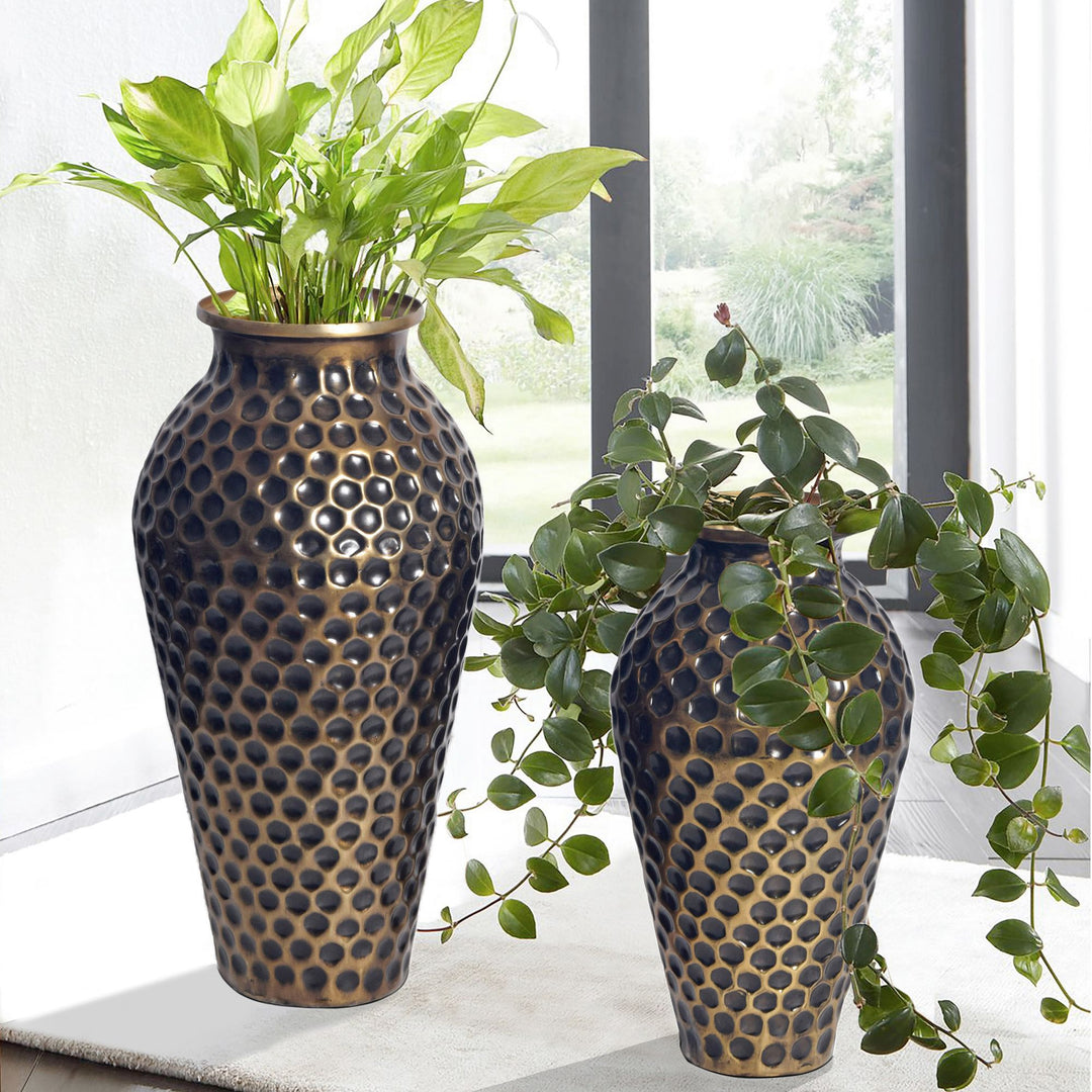 Dekorativ vase sæt med 2, aluminium guld amfora blomstervaser, moderne, runde dekorative vaser, 2-delt sæt til blomster, aluminium bordvase, boligindretning, metal borddekoration, håndlavet