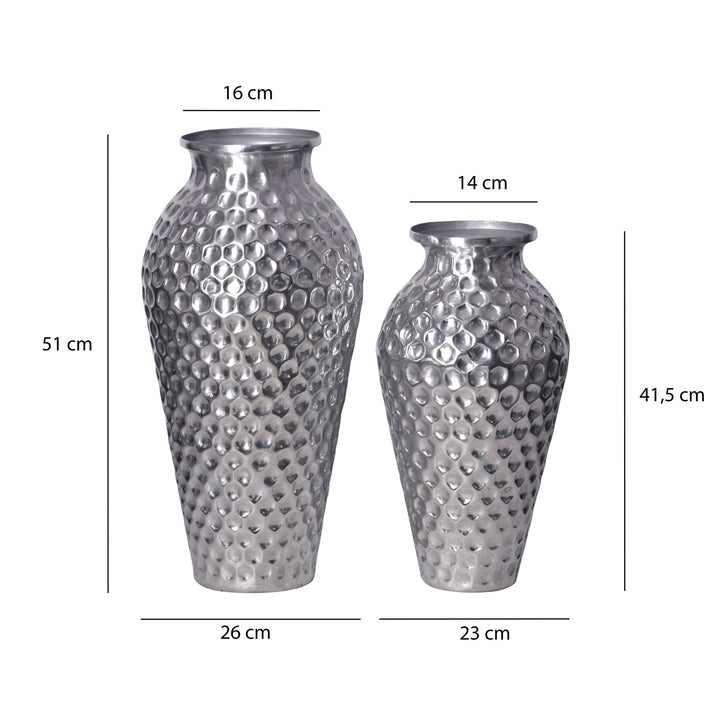 Dekorativ vase sæt med 2, aluminium sølv amfora blomstervaser, moderne, runde dekorative vaser, 2-delt sæt til blomster, aluminium bordvase, boligindretning, metal borddekoration, håndlavet