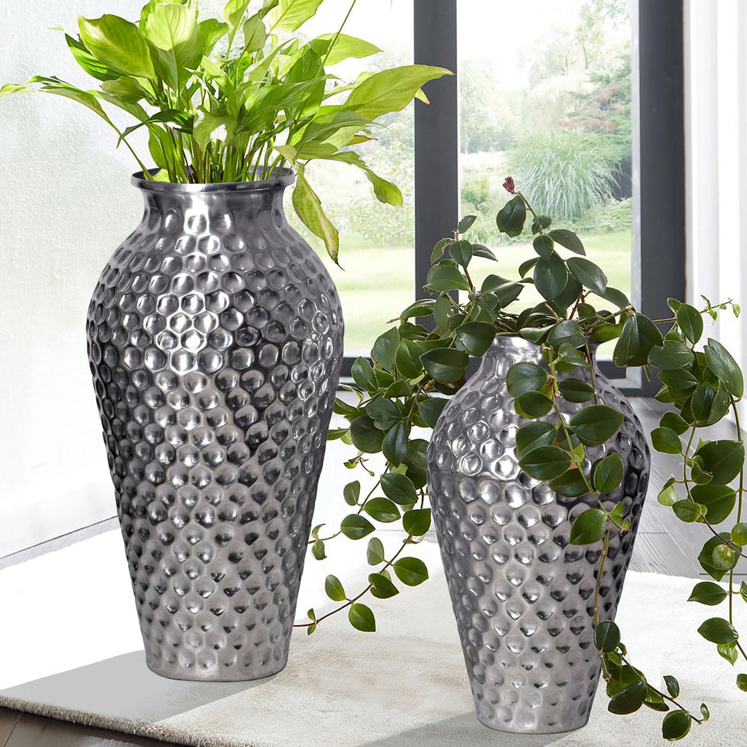 Dekorativ vase sæt med 2, aluminium sølv amfora blomstervaser, moderne, runde dekorative vaser, 2-delt sæt til blomster, aluminium bordvase, boligindretning, metal borddekoration, håndlavet