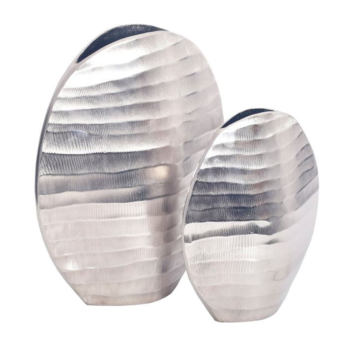 Dekorativ vase sæt med 2, aluminium sølv, blomstervase med bølgemønster, moderne, rund dekorativ vase, 2-delt sæt til blomster, aluminiums bordvase, boligindretning, metal borddekoration, håndlavet