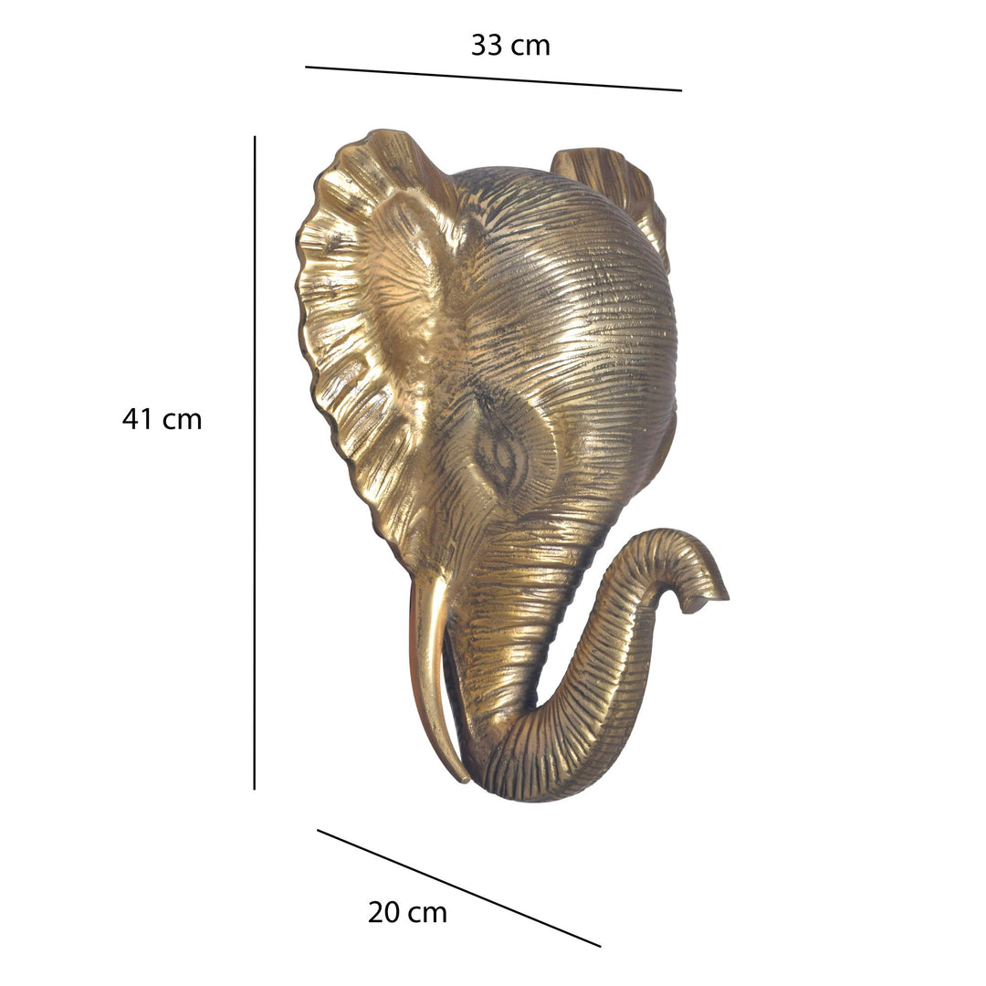 Elefant vægdekoration, aluminium, guldfarvet, 41 cm, designer vægdekoration, metaldekor, moderne aluminium