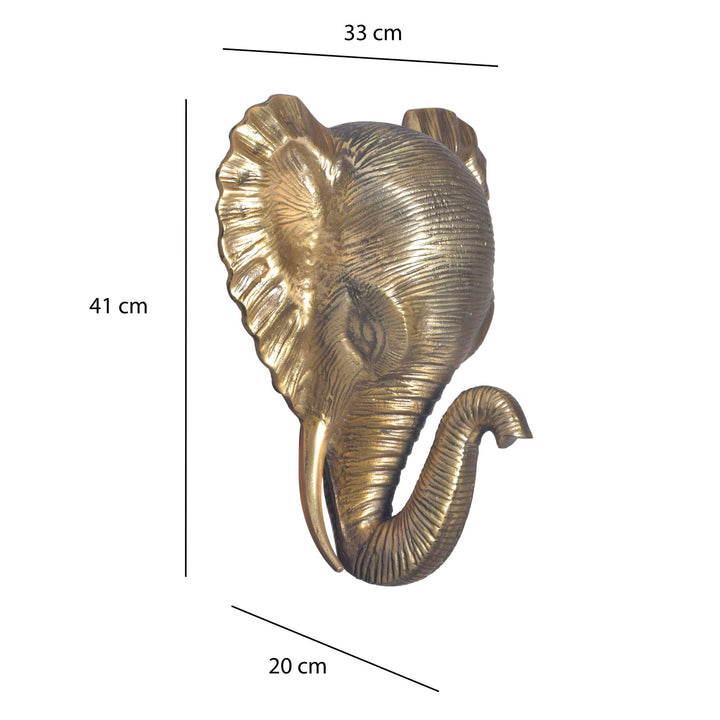 Elefant vægdekoration, aluminium, guldfarvet, 41 cm, designer vægdekoration, metaldekor, moderne aluminium