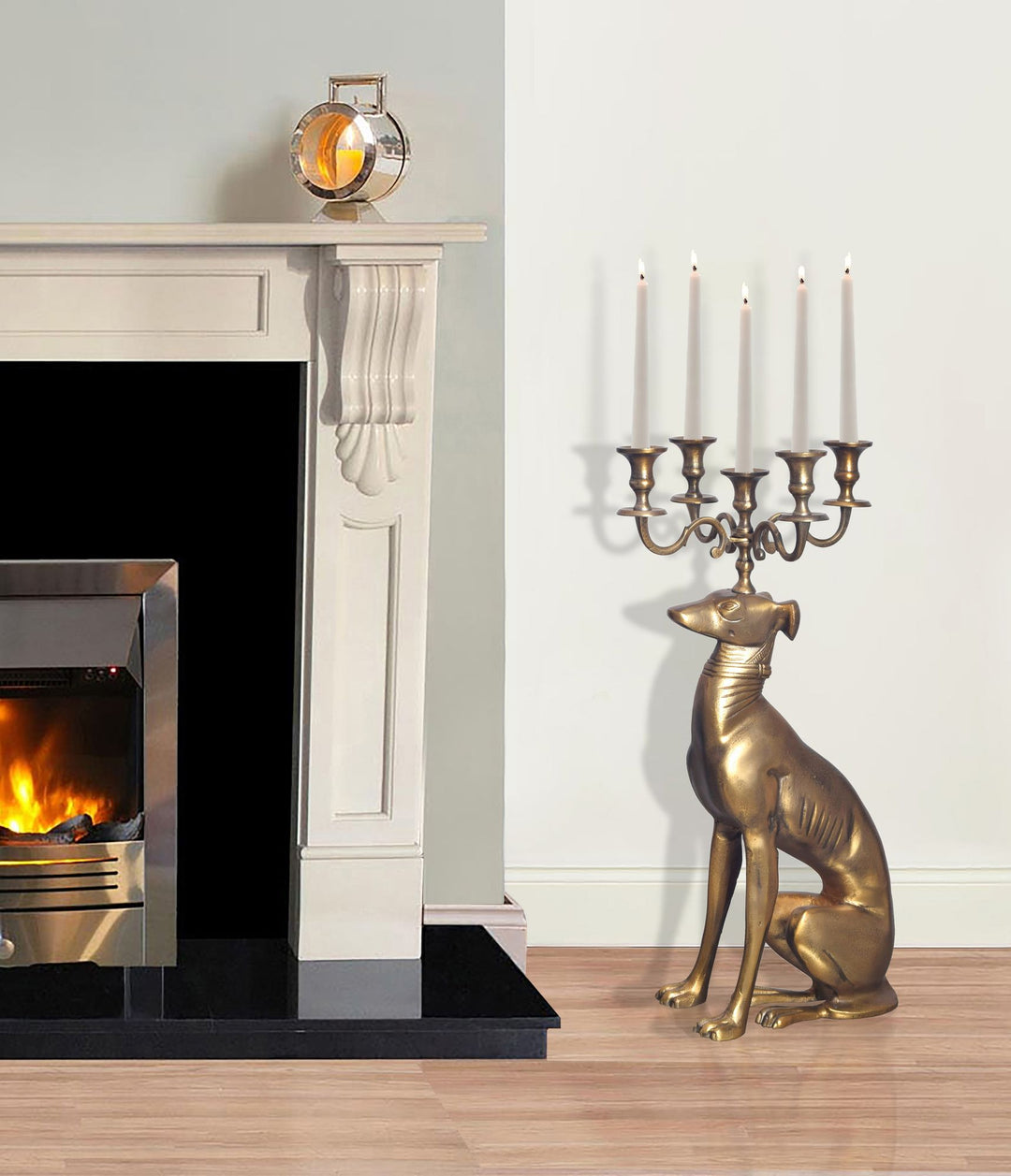 Greyhound lysestage, aluminium, guld, 69 cm, 5-armet lysestage, metallysestage til fem lys, moderne gulvlysestage, hundetilbehør