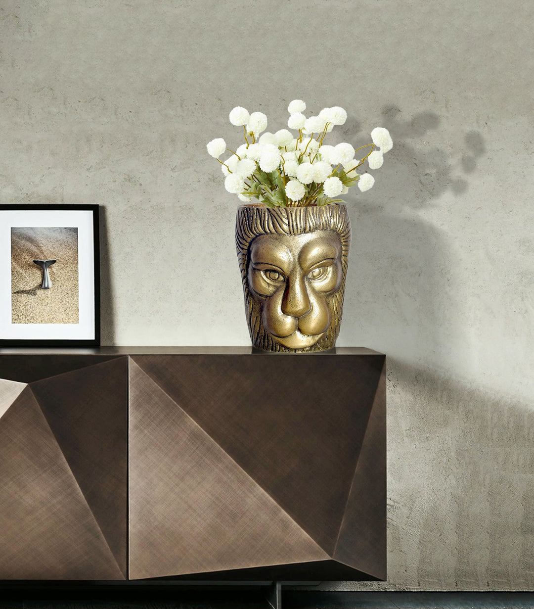 Dekorativ løvehovedvase, 21 cm, aluminium, guld, moderne, lille, rund, ekstravagant, til blomster, aluminiums bordvase, boligindretning, håndlavet