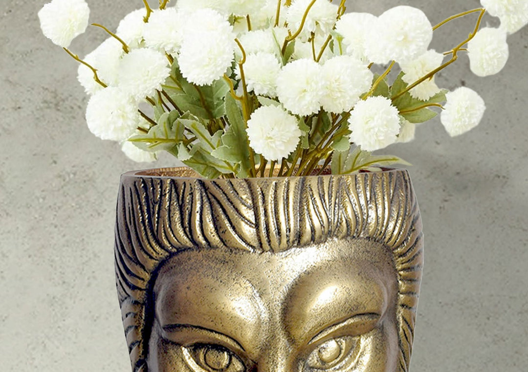 Dekorativ løvehovedvase, 21 cm, aluminium, guld, moderne, lille, rund, ekstravagant, til blomster, aluminiums bordvase, boligindretning, håndlavet