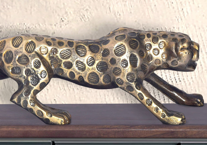 Dekorationsfigur Panter 63 cm i Guld Aluminium med Sokkel i Massivt Træ