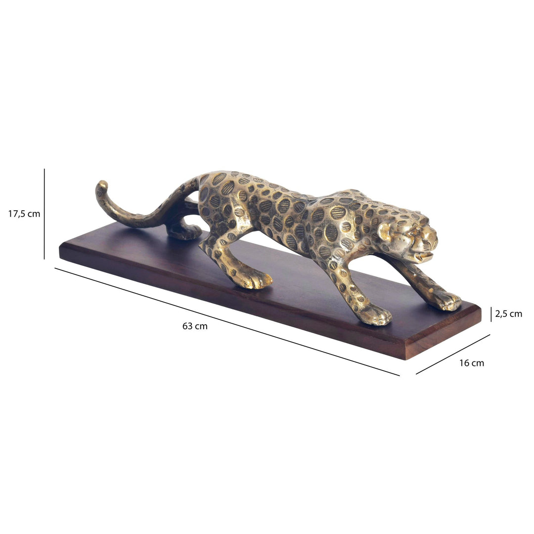 Dekorationsfigur Panter 63 cm i Guld Aluminium med Sokkel i Massivt Træ