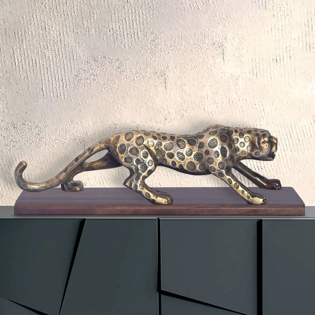 Dekorationsfigur Panter 63 cm i Guld Aluminium med Sokkel i Massivt Træ