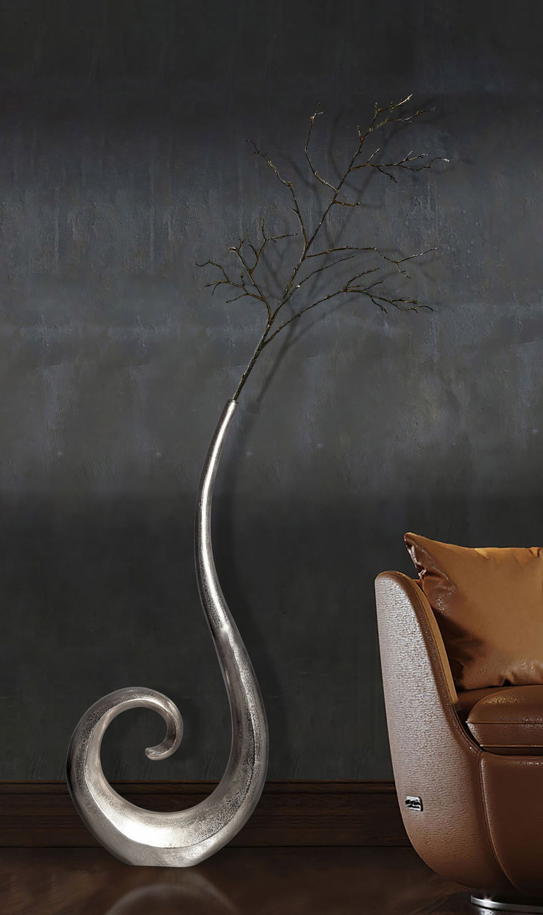 Dekorativ vase 100 cm aluminium sølv spiral blomstervase moderne stor, dekorativ vase ekstravagant til blomster, XXL aluminium gulvvase metal boligindretning håndlavet