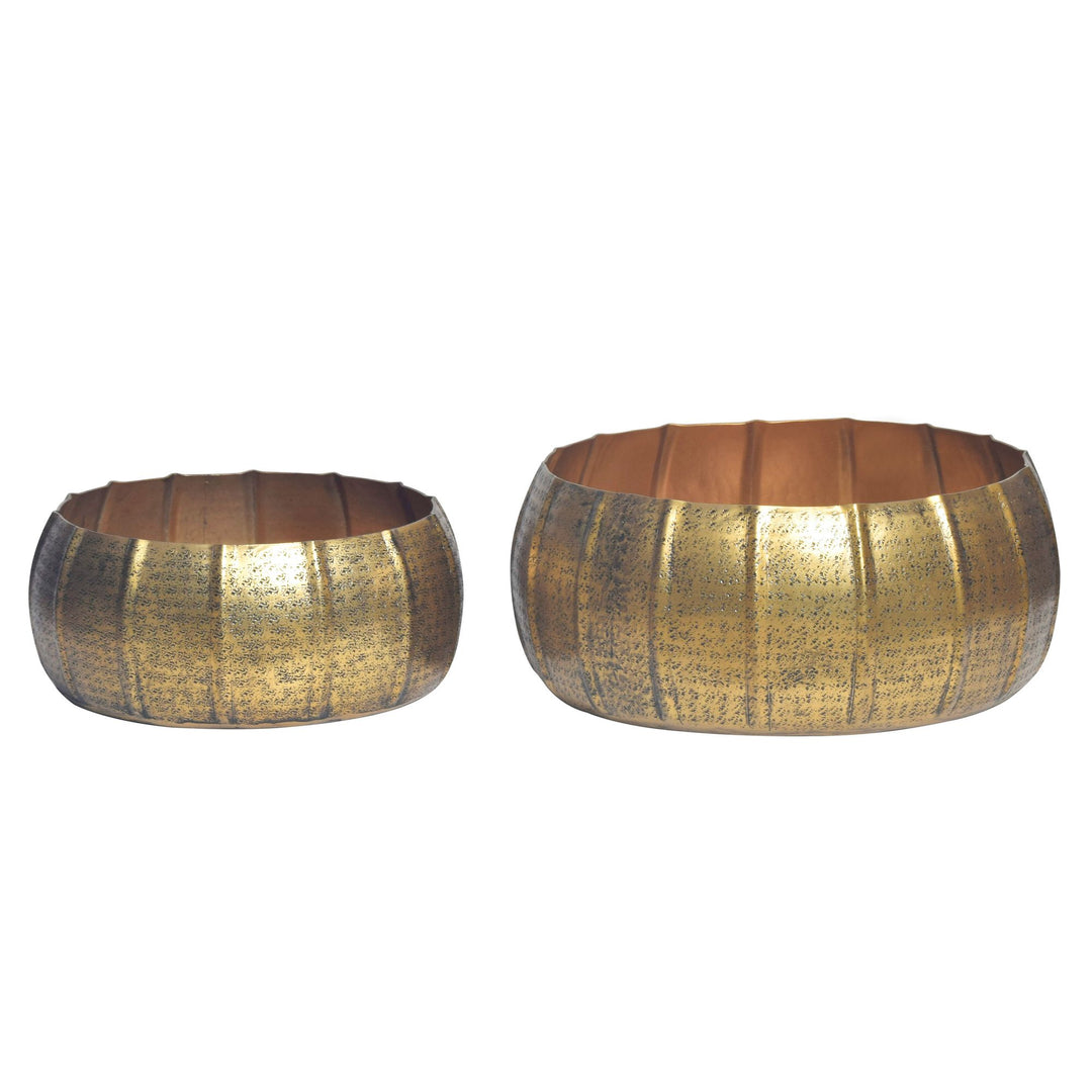 Sæt med 2 metalplantekasser, gulddesign, runde aluminiums indendørsplantekasser, 2-delt hamret blomsterpotte/skålsæt