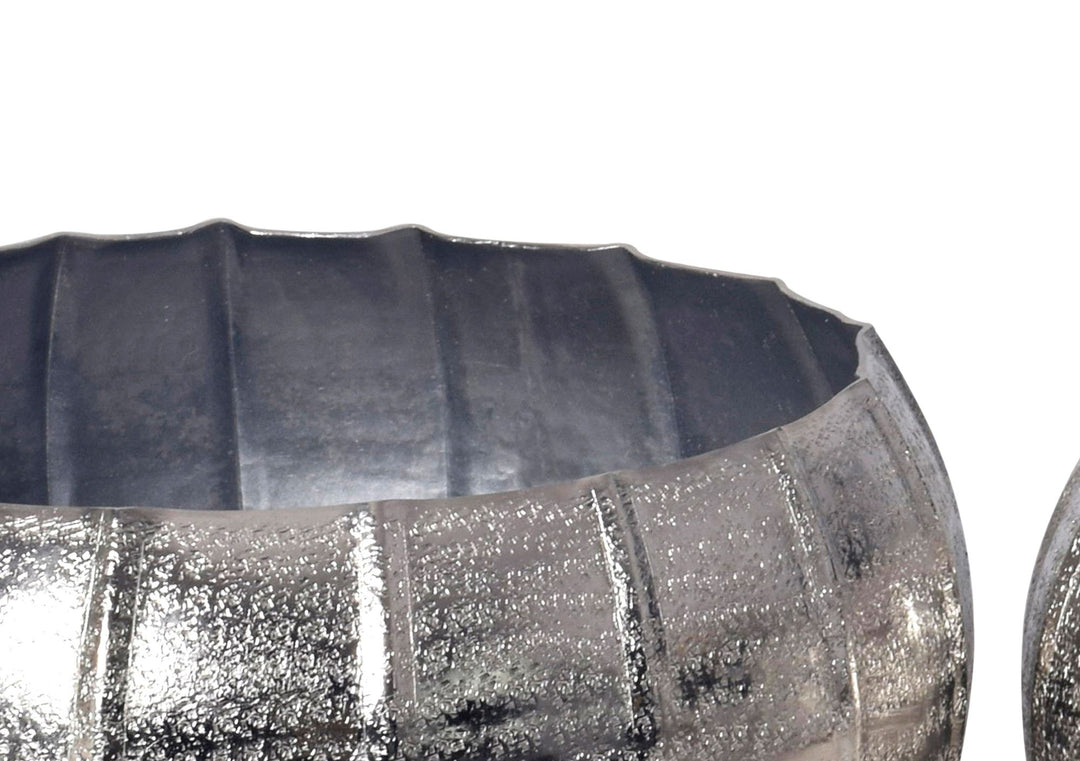 Sæt med 2 metalplantekasser, sølv, designer runde aluminium indendørs plantekasser, 2-delt hamret blomsterpotte/skålsæt