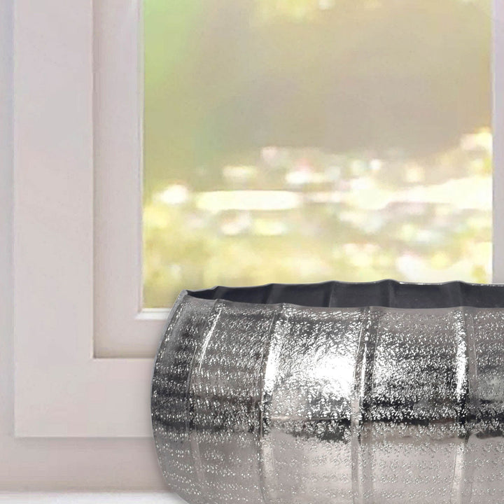 Sæt med 2 metalplantekasser, sølv, designer runde aluminium indendørs plantekasser, 2-delt hamret blomsterpotte/skålsæt