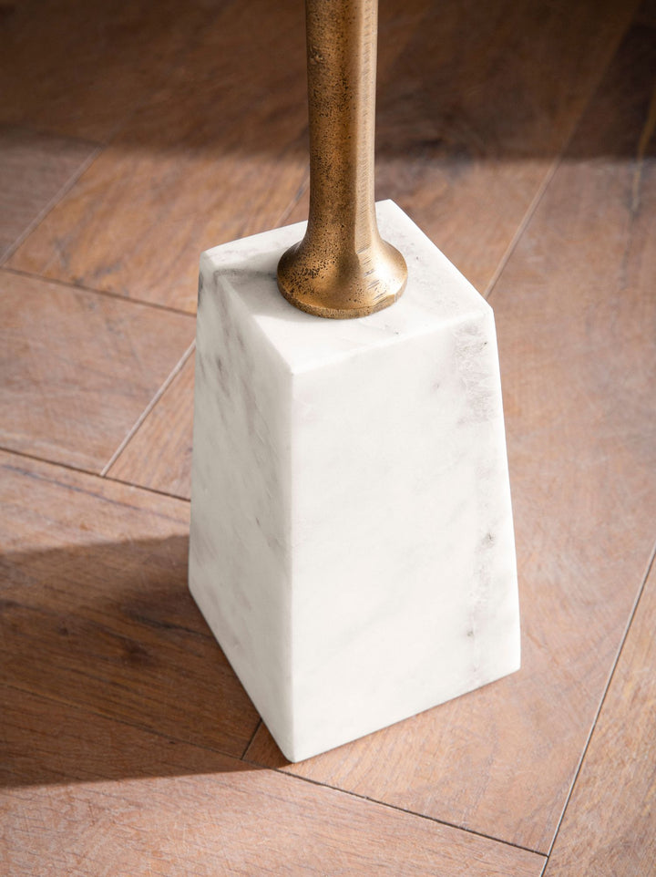 Sidebord, ægte marmor, metal, 34x34x58 cm, guld og hvid, lille rundt sidebord, moderne stuebord, højt marmorbord