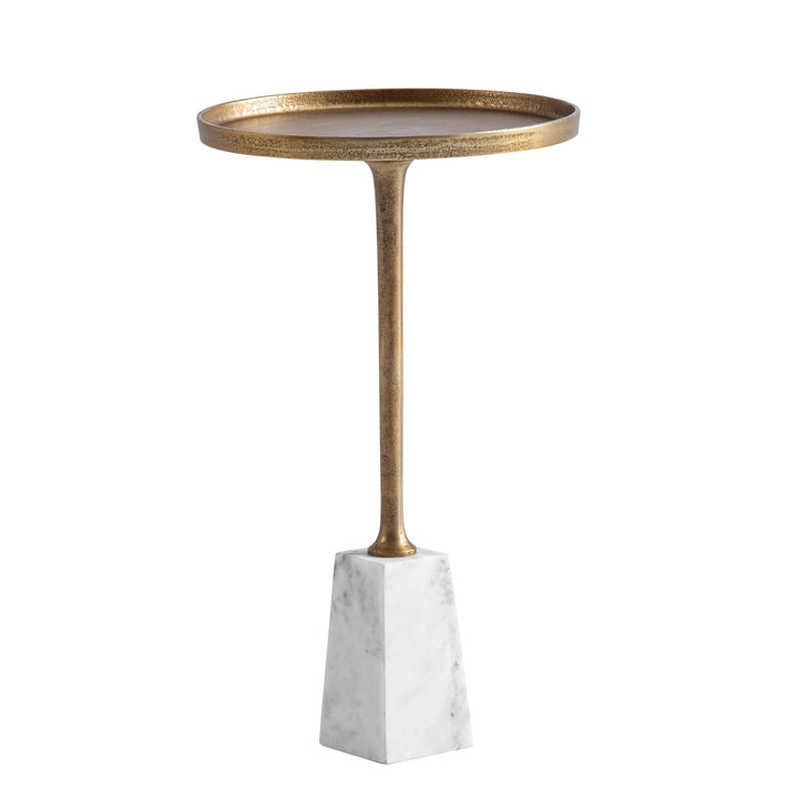 Sidebord, ægte marmor, metal, 34x34x58 cm, guld og hvid, lille rundt sidebord, moderne stuebord, højt marmorbord