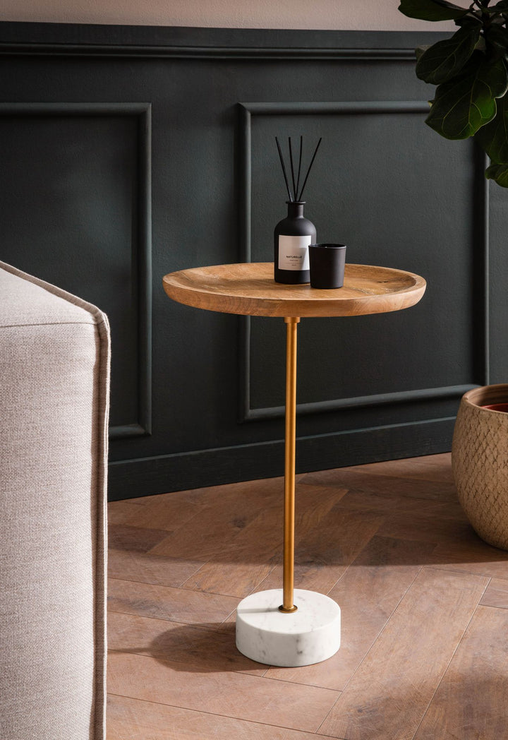 Sidebord, massivt mangotræ, ægte marmor, 40x40x55 cm, lille rundt sidebord, moderne stuebord, højt sofabord