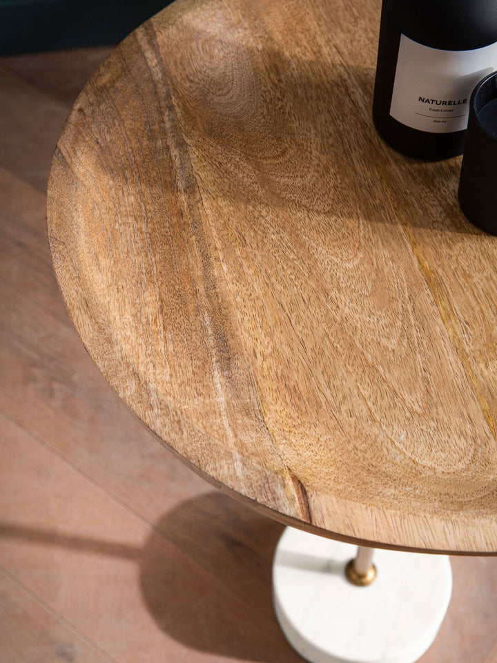 Sidebord, massivt mangotræ, ægte marmor, 40x40x55 cm, lille rundt sidebord, moderne stuebord, højt sofabord