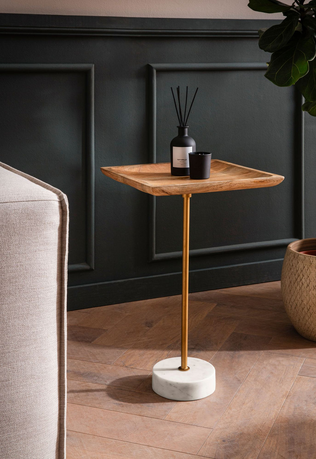 Sidebord, massivt mangotræ, ægte marmor, 35x35x55 cm, lille firkantet sidebord, moderne stuebord, højt sofabord