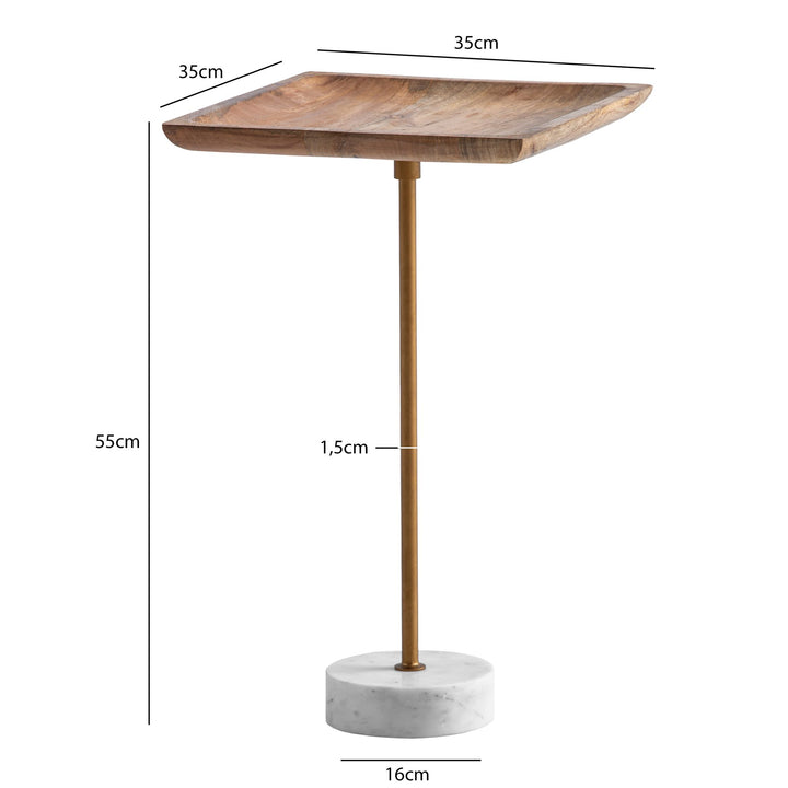 Sidebord, massivt mangotræ, ægte marmor, 35x35x55 cm, lille firkantet sidebord, moderne stuebord, højt sofabord